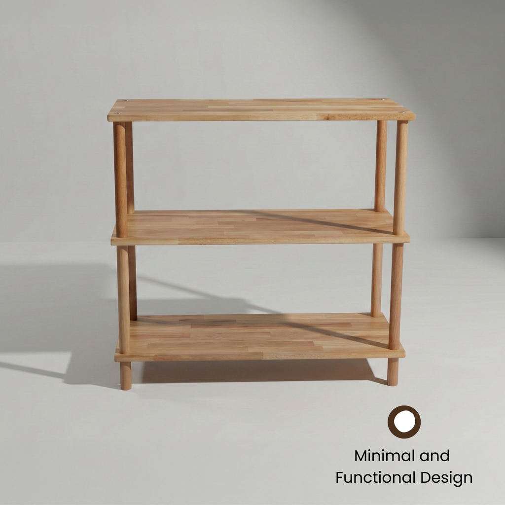 3 Raflı Kayın Ağacı Ahşap Kitaplık & Raf Ünitesi – Mutfak ve Banyo İçin Çok Amaçlı Dolap - Wise Serisi