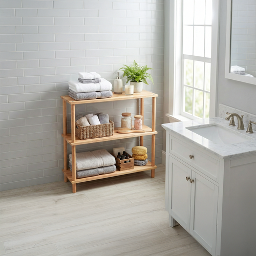 3 Raflı Kayın Ağacı Ahşap Kitaplık & Raf Ünitesi – Mutfak ve Banyo İçin Çok Amaçlı Dolap - Wise Serisi