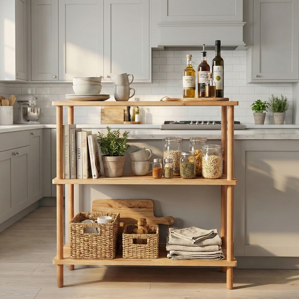 3 Raflı Kayın Ağacı Ahşap Kitaplık & Raf Ünitesi – Mutfak ve Banyo İçin Çok Amaçlı Dolap - Wise Serisi