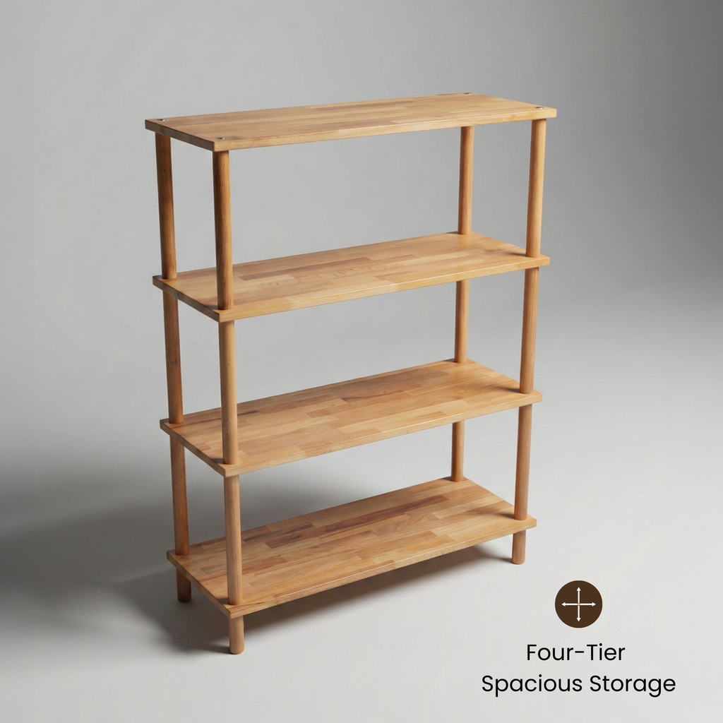 4 Raflı Kayın Ağacı Ahşap Kitaplık & Raf Ünitesi – Mutfak ve Banyo İçin Çok Amaçlı Dolap - Wise Serisi