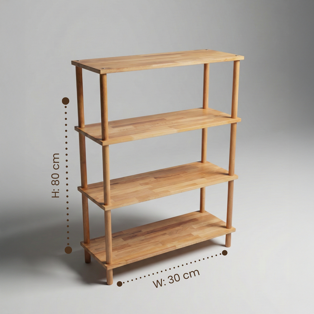 4 Raflı Kayın Ağacı Ahşap Kitaplık & Raf Ünitesi – Mutfak ve Banyo İçin Çok Amaçlı Dolap - Wise Serisi