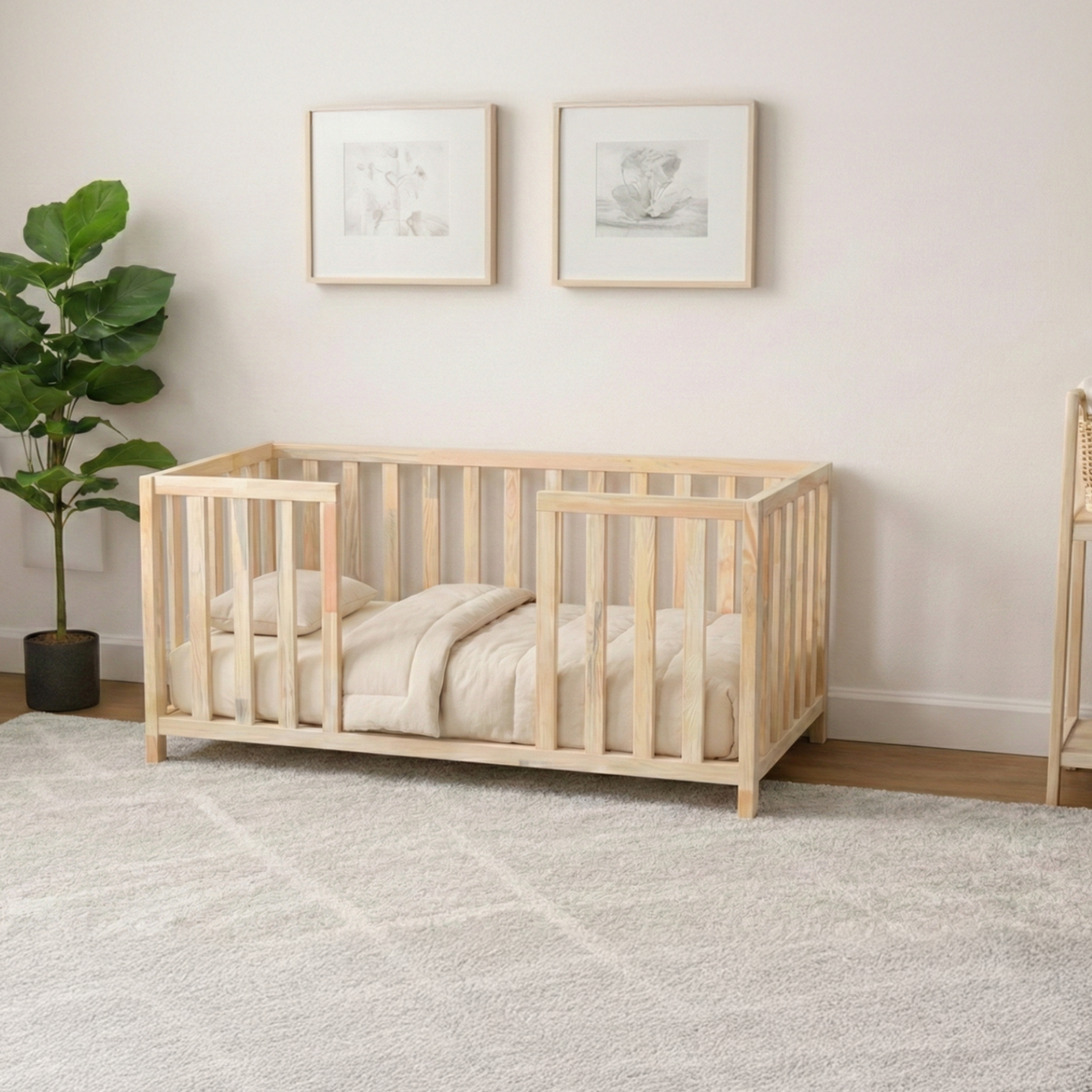 Montessori Karyola Yatak Doğal Çam Ağacı  – Ayaklı Ahşap Bebek & Çocuk Yatağı | Atlas Serisi