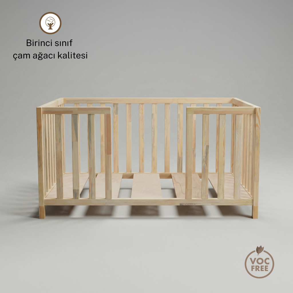 Montessori Karyola Yatak Doğal Çam Ağacı  – Ayaklı Ahşap Bebek & Çocuk Yatağı | Atlas Serisi