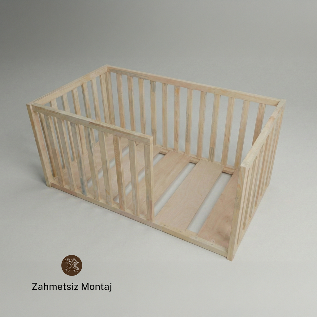 Doğal Çam Ağacı Montessori Karyola – Ahşap Bebek & Çocuk Yatağı | Nara Serisi