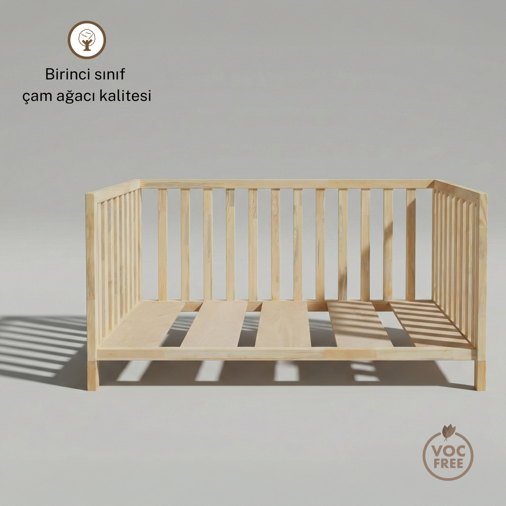 Montessori Karyola Yatak Çam Ağacı – Önü Açık Ayaklı Ahşap Bebek & Çocuk Yatağı | Theon Serisi