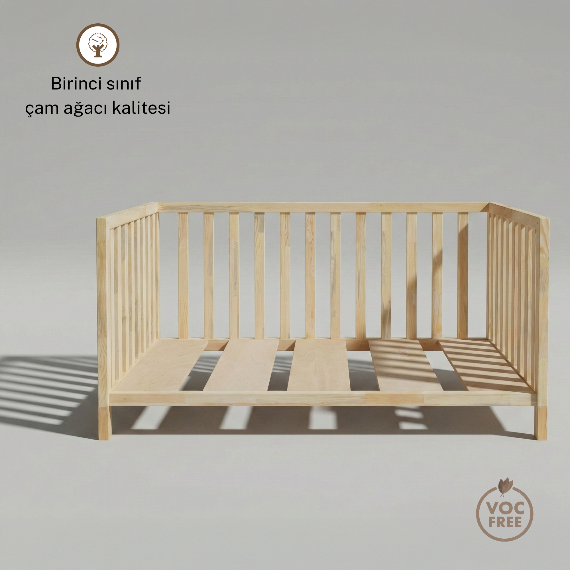 Montessori Karyola Yatak Çam Ağacı – Önü Açık Ayaklı Ahşap Bebek & Çocuk Yatağı | Theon Serisi