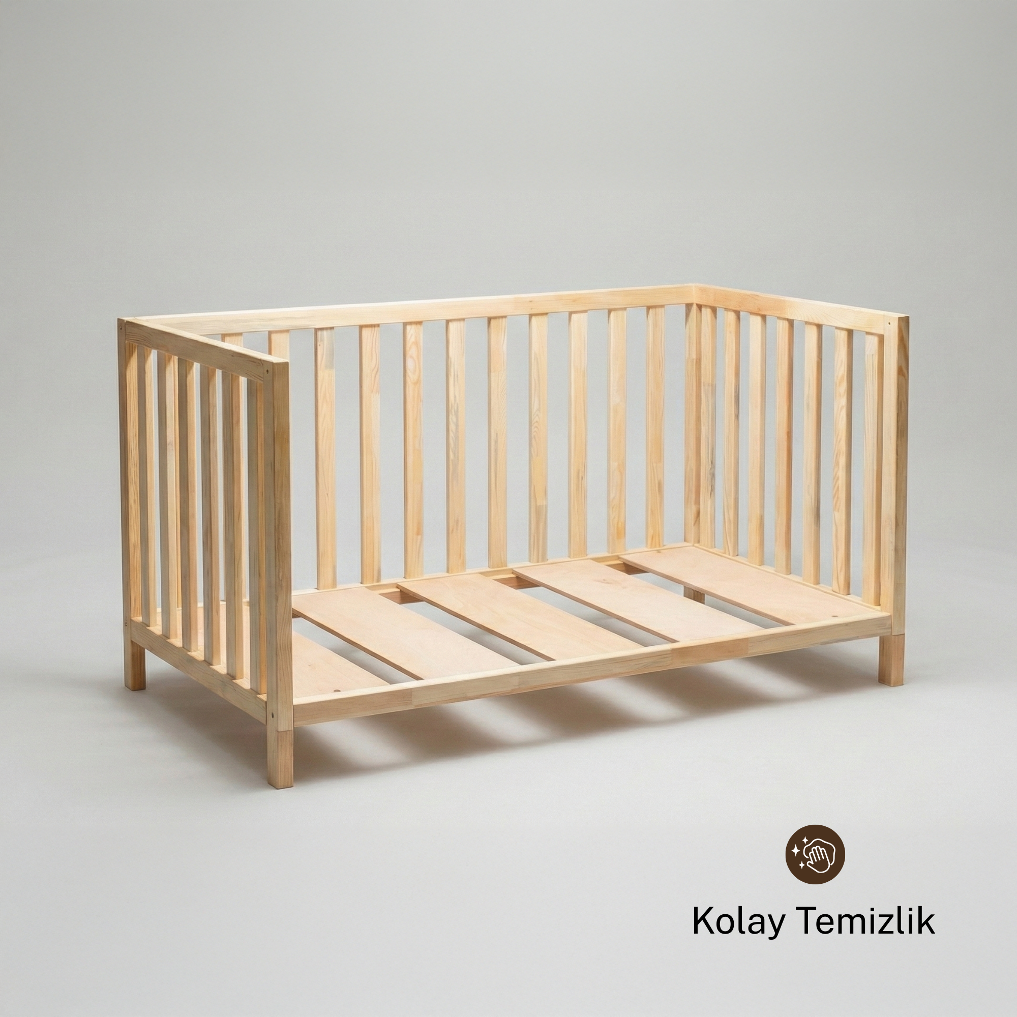 Montessori Karyola Yatak Çam Ağacı – Önü Açık Ayaklı Ahşap Bebek & Çocuk Yatağı | Theon Serisi