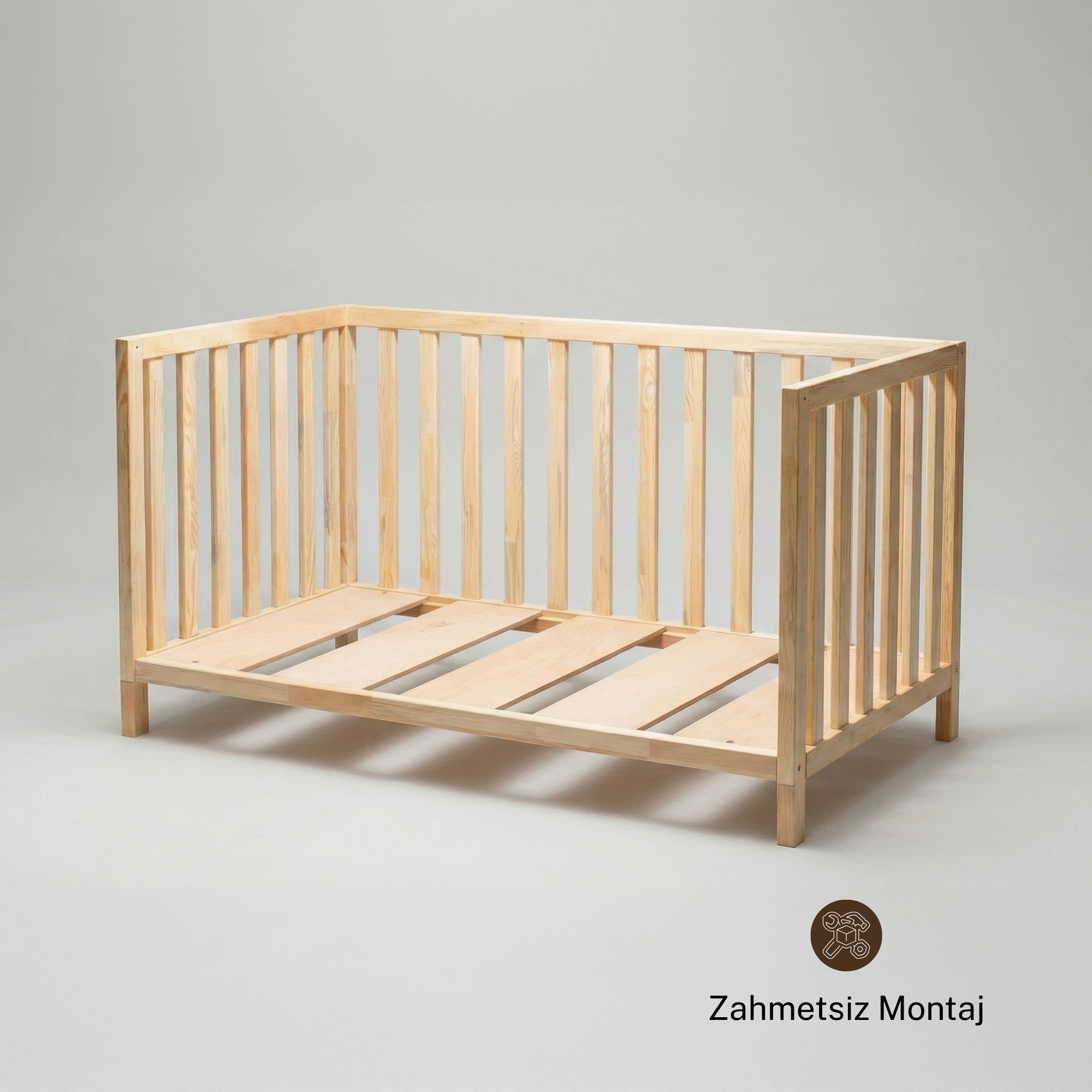 Montessori Karyola Yatak Çam Ağacı – Önü Açık Ayaklı Ahşap Bebek & Çocuk Yatağı | Theon Serisi