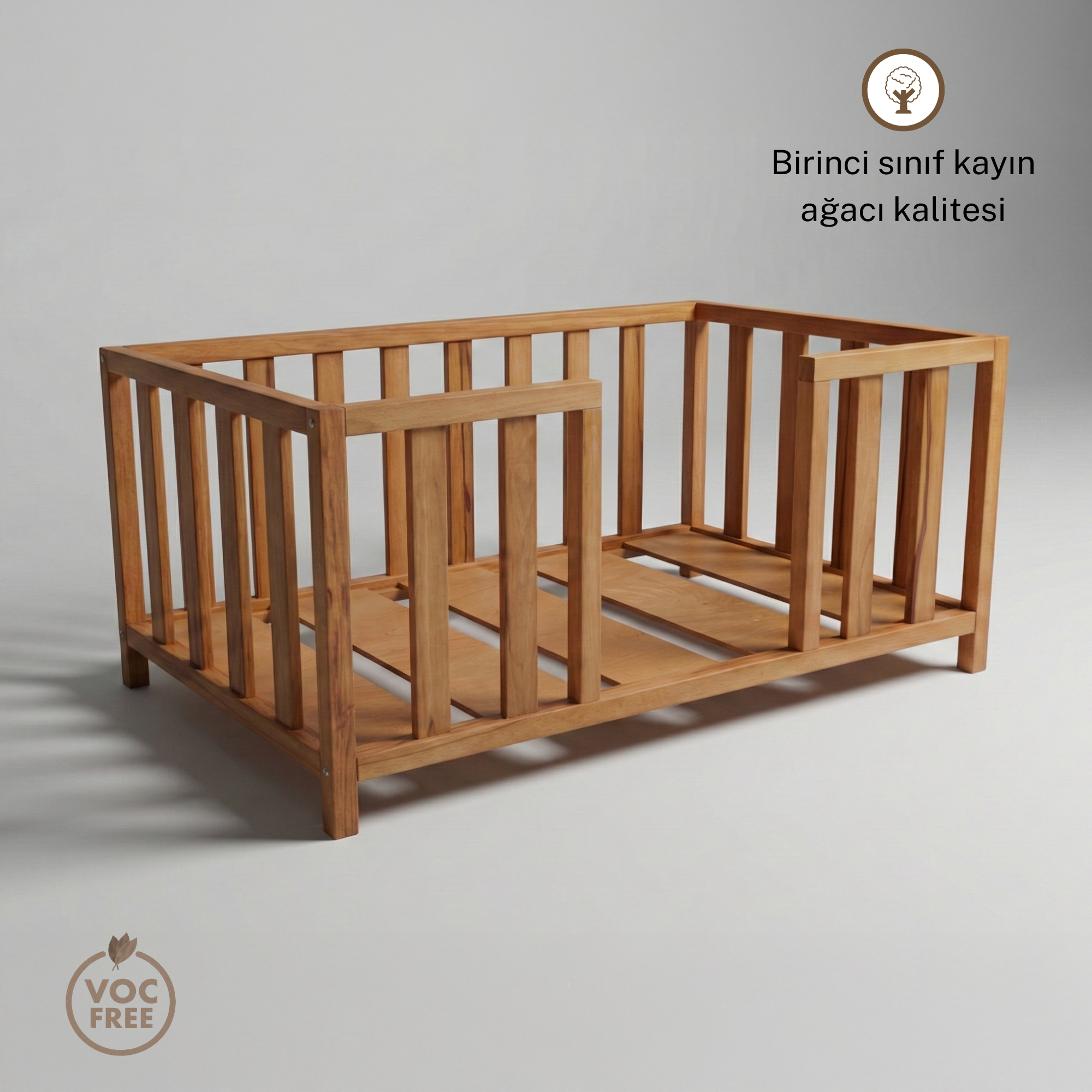 Montessori Karyola Kayın Ağacı – Ortadan Kapısız Ayaklı Ahşap Bebek & Çocuk Yatağı | Gemini Serisi