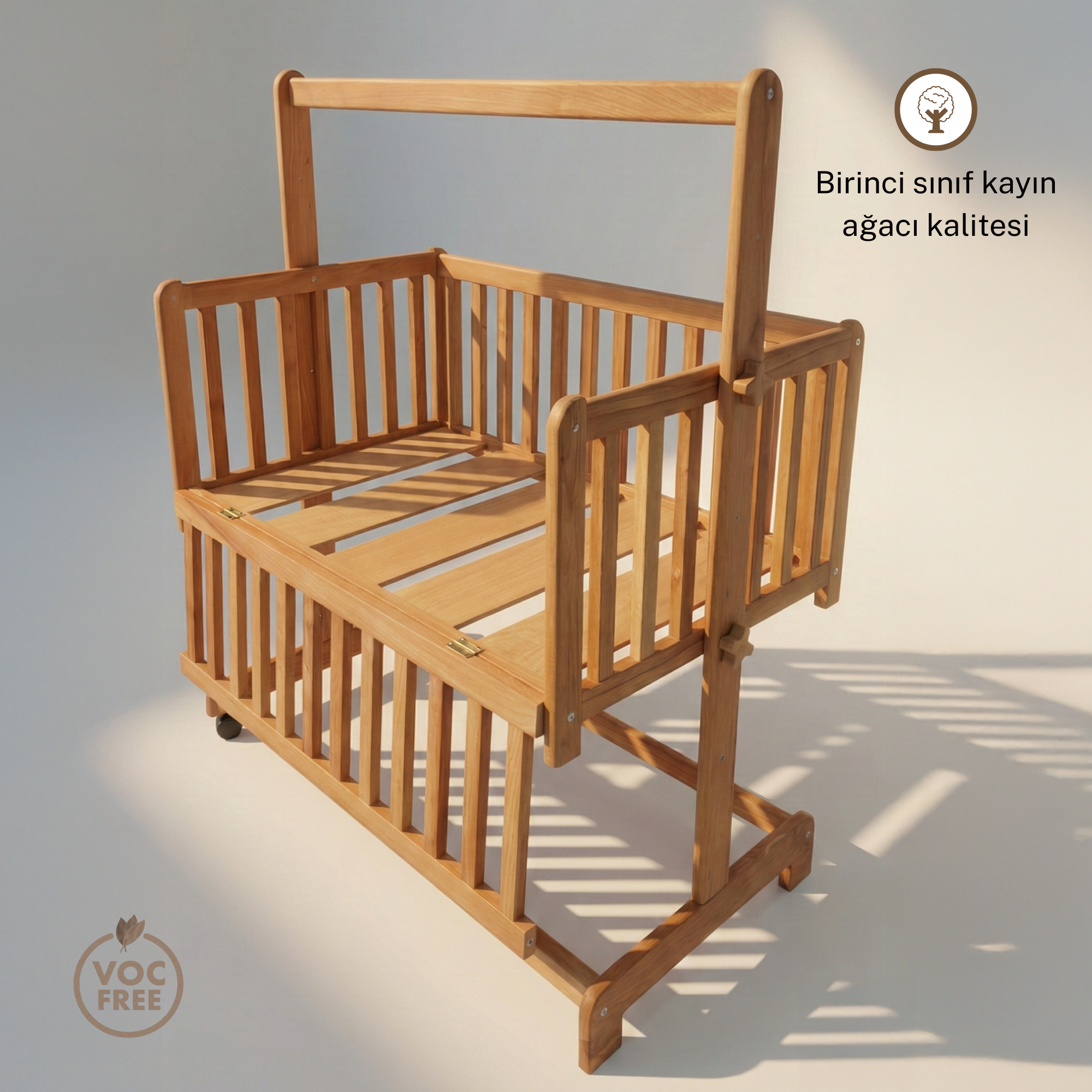 Montessori Yer Yatağı & Sallanır Beşik Anne Yanı Kayın Ağacı 4 Yönlü Kullanım – Ahşap Bebek Yatağı | LEO Serisi